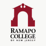 A red and white logo of ramapo college.